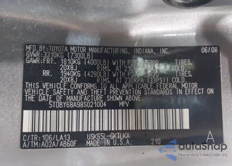 2008 Toyota Sequoia Limited z USA, uszkodzony, nr VIN 5TDBY68A98S021004